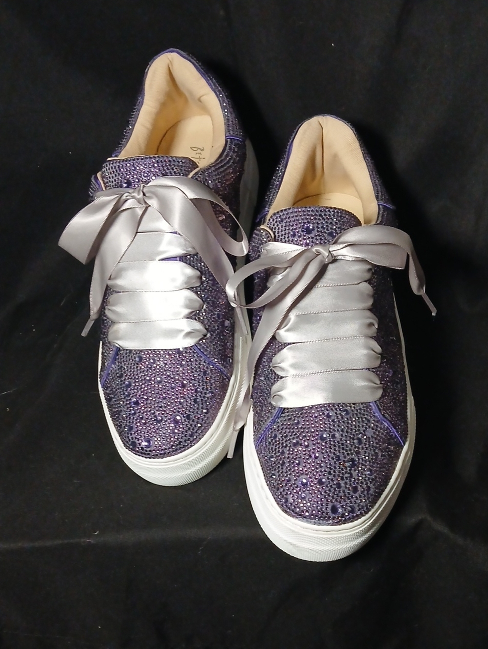 Betsey Johnson Purple Crystal Lace-Up Sneakers with Satin Ribbon